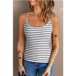 White Stripe Adjustable Straps Ribbed Knit Tank Top