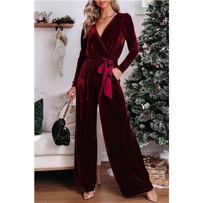 Fiery Red Velvet Pocketed Cut out Back Wide Leg Jumpsuit