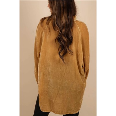 Gold Solid Color Button Up Loose Fit Velvet Shirt