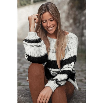 Black Stripe Striped Knit Puff Sleeve Casual Sweater