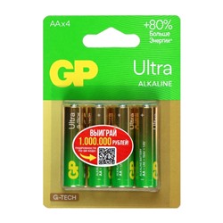 Батарейка алкалиновая GP Ultra, AA, LR6-4BL, 1.5В, блистер, 4 шт.