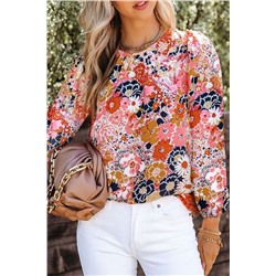 Red Floral Crewneck Long Sleeve Blouse