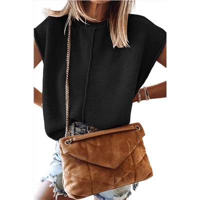 Black Solid Color Cap Sleeve Knitted Sweater