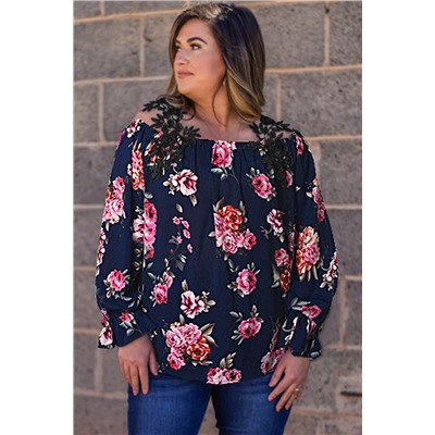 Navy Blue Plus Size Crochet Detail Cold shoulder Floral Blouse