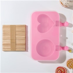 Форма для мороженого «Любовь», силикон, 19,5×11×2,5 см, 2 ячейки, с крышкой и палочками (50 шт), цвет МИКС