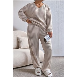 Parchment Plus Size Ribbed V Neck Pullover and Pants Set