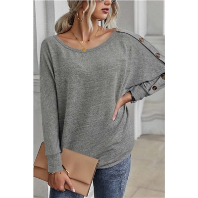 Gray Solid Color Button Decor Dolman Sleeve Top