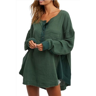 Green Textured Waffle Knit Patchwork Buttoned Neck Loose Blouse