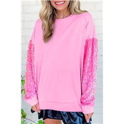 Pink Sequin Patchwork Long Sleeve Pullover Top