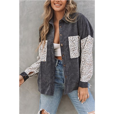 Gray Leopard Patchwork Corduroy Buttoned Shirt Jacket