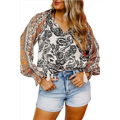 Bright White Abstract Print Flounce Sleeve Tasseled V Neck Blouse