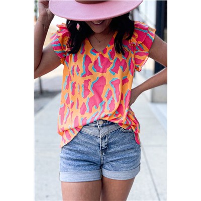 Orange Abstract Print V Neck Ruffled Sleeve Blouse