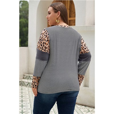 Leopard Plus Size Stripes Patchwork Long Sleeve Tee