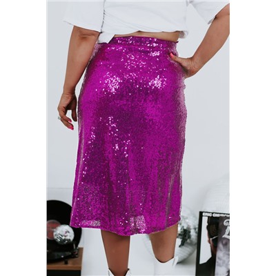 Violet Sequined High Waist Plus Size Midi Skirt