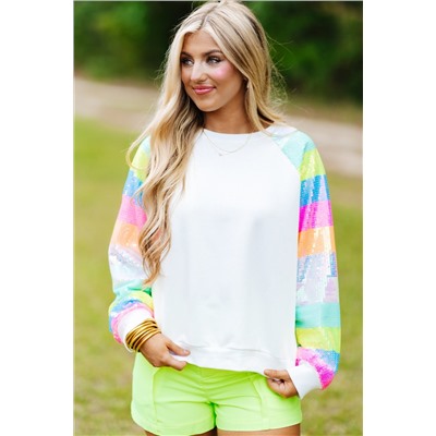 White Sequin Color Block Raglan Sleeve Pullover Sweatshirt