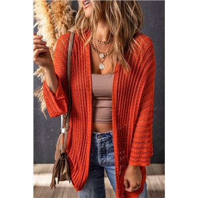 Orange Hollow-out Knit Kimono Lightweight Cardigan