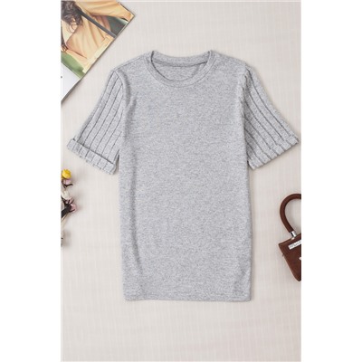 Gray Ribbed Splicing Sleeve Round Neck T-shirt