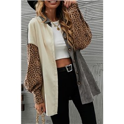 Gray Color Block Leopard Patched Corduroy Shacket