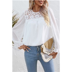 White Lace Patch Sheer Flounce Sleeve Blouse