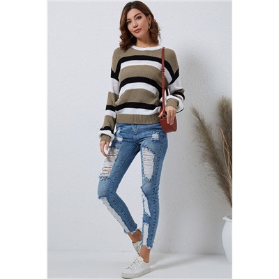 Gray Striped Colorblock Pattern Knit Sweater