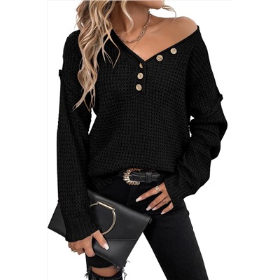 Black Pointelle Knit Button V Neck Drop Shoulder Sweater