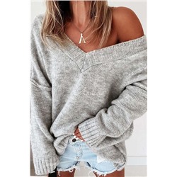 Gray Exposed Seam V Neck Slouchy Sweater