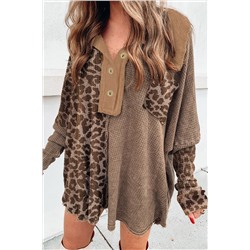 Khaki Leopard Patchwork Waffle Knit Buttoned Blouse