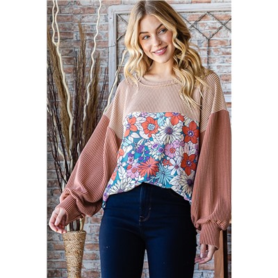 Printed Floral Contrast Colorblock Ribbed Top