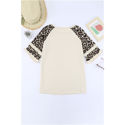 Apricot Ruffled Leopard Sleeve Patchwork Top