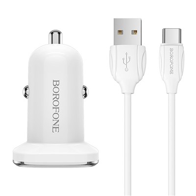 Адаптер Автомобильный с кабелем Borofone BZ12 Lasting 2USB/5V/2.4A +Type-C (white)