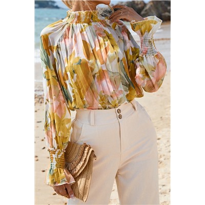 Yellow Floral Print Flounce Sleeve Mock Neck Blouse