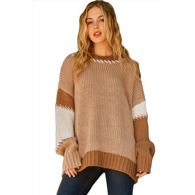 Light French Beige Color Block Contrast Stitch Oversized Sweater