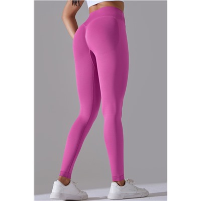 Bright Pink Solid Color Seamless V-Waistband Sports Leggings