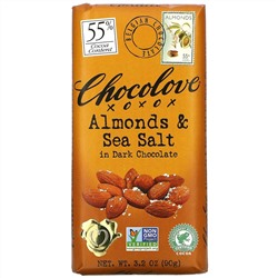 Chocolove, черный шоколад с миндалем и морской солью, 55% какао, 90 г (3,2 унции)