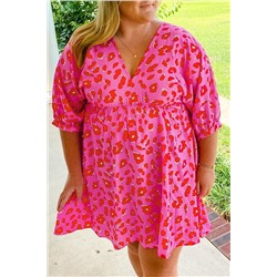 Розовое леопардовое платье плюс сайз с V-образным вырезом и коротким рукавом