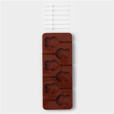 Форма для леденцов Доляна «Влюблённость», силикон, 9,5×24×1 см, 6 ячеек (4,2×3,3 см), с палочками, цвет МИКС