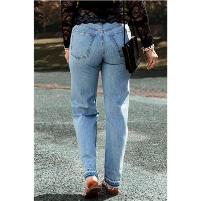 Light Blue Distressed Slit Leg Raw Edge Straight Jeans