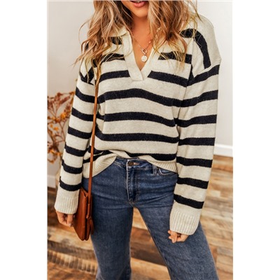 Apricot Striped Knit Drop Shoulder Collared V Neck Sweater