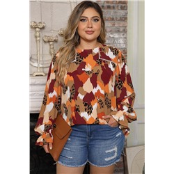 Multicolour Plus Size Abstract Print Puff Sleeve Blouse