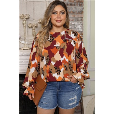 Multicolour Plus Size Abstract Print Puff Sleeve Blouse