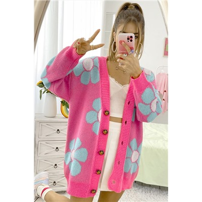 Strawberry Pink Floral Print Button up Knitted Cardigan