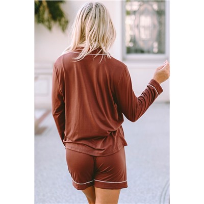 Brown Contrast Pipings Long Sleeve Shorts Pajamas Set
