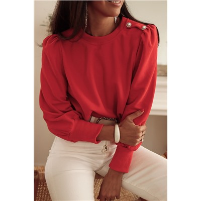 Red Button Tab Detail Long Sleeve Top