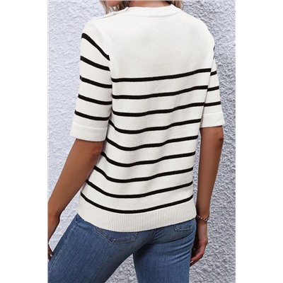 White Stripe Striped Half Sleeve Knitted Tee