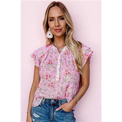 Pink Floral Mandarin Collar Top