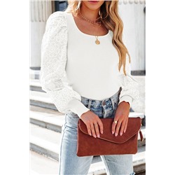 White Flower Puff Sleeve Ribbed Knit Top