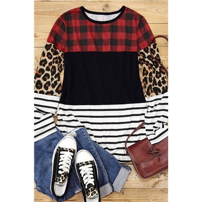 Plaid Print Leopard Splicing Striped Color Block Long Sleeve Top