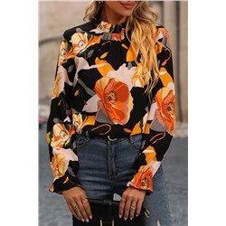 Black Floral Print Mock Neck Blouse