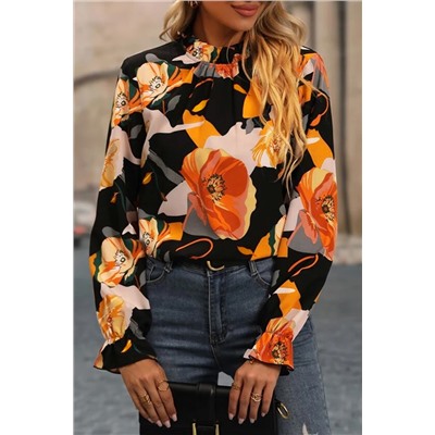 Black Floral Print Mock Neck Blouse