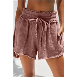 Rose Pink Crinkled Raw Edge Casual Shorts